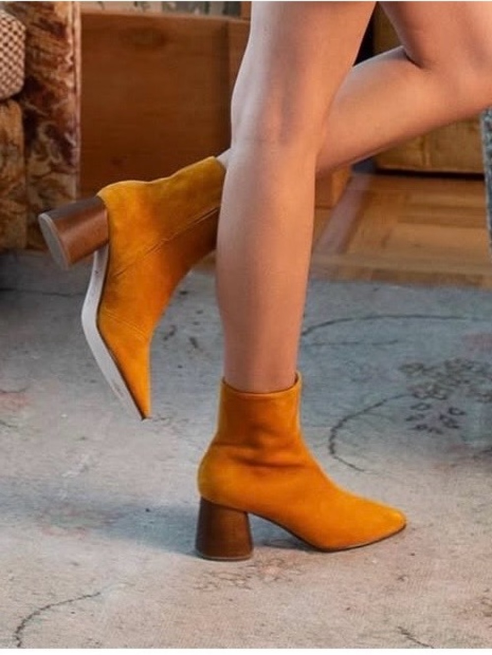 Suede Ankle Booties in Mustard Yellow - Chic Block Heel